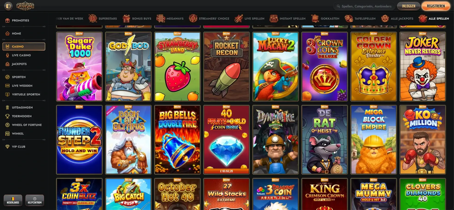 Catalogue de jeux du casino Gransino