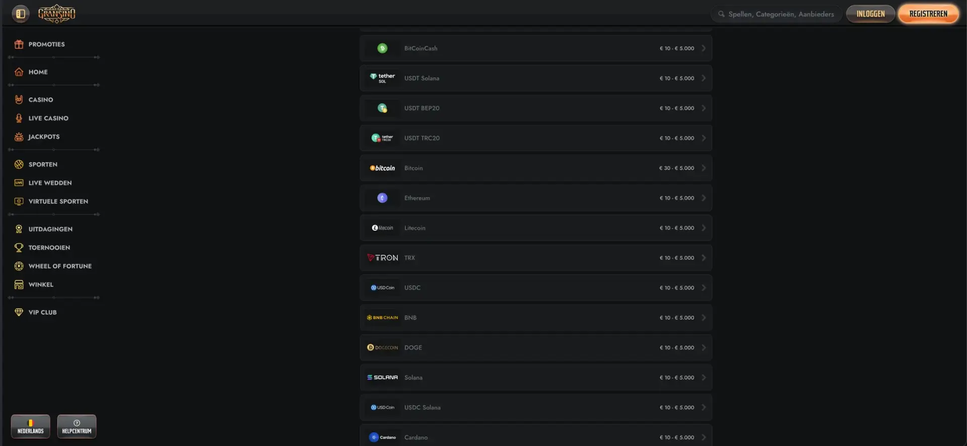 Dépôts en cryptomonnaies chez Gransino